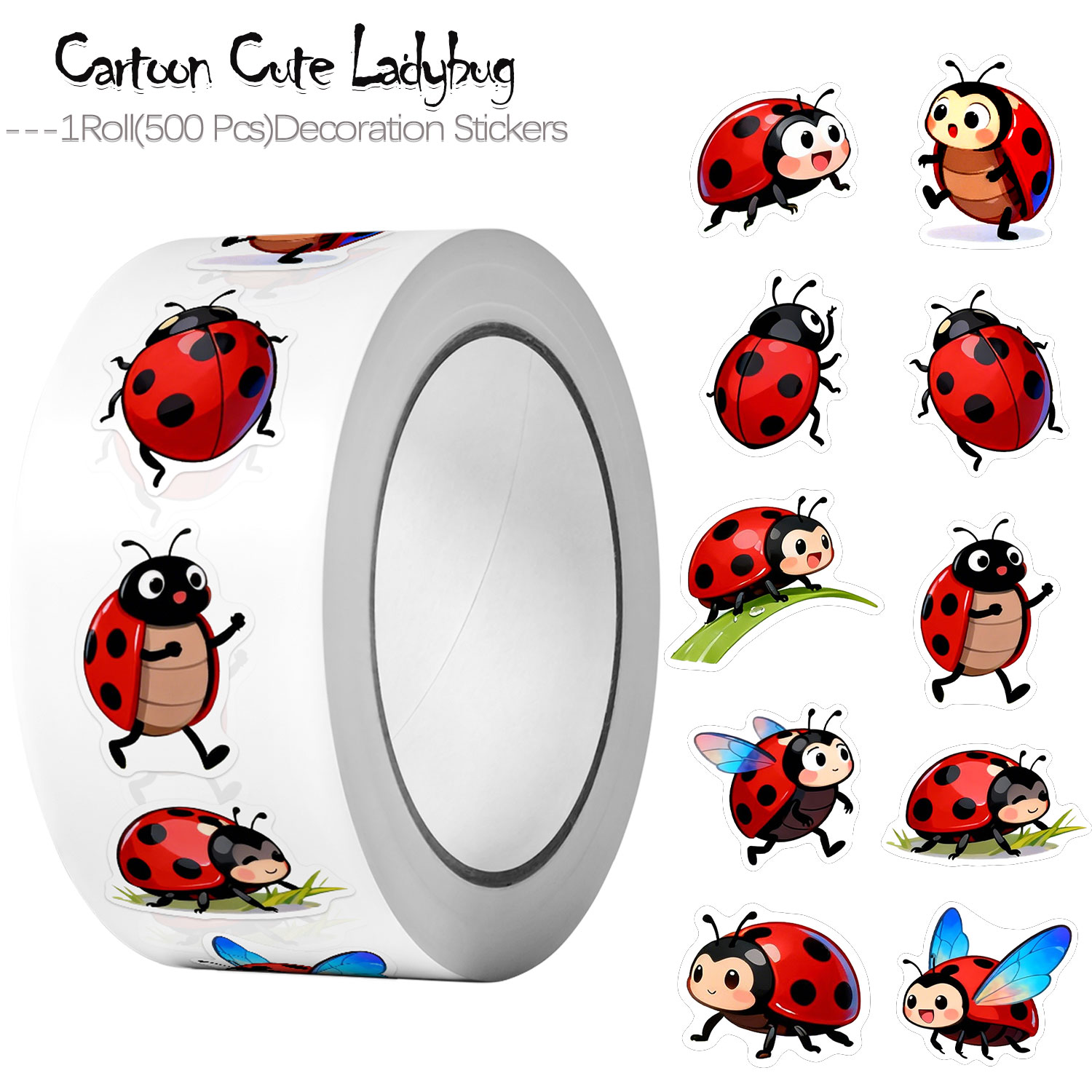 Art Craft Ladybug - 1롤(500개) 10가지 불규칙한 만화 무당벌레 스티커